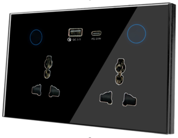 Tuya 146 MF WiFi Smart Socket with USB Type C, Universal Plug + USB-A & USB-C, App Control, Alexa/Google, Glass Panel, 16A, Energy Efficient